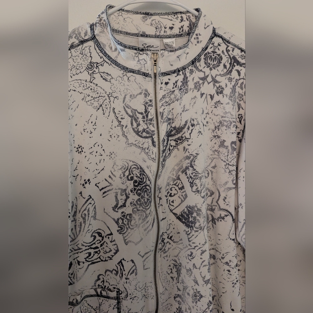 Chico's Spa full Zip Jacket Black White Print Sz Large 2 - Picture 4 of 8